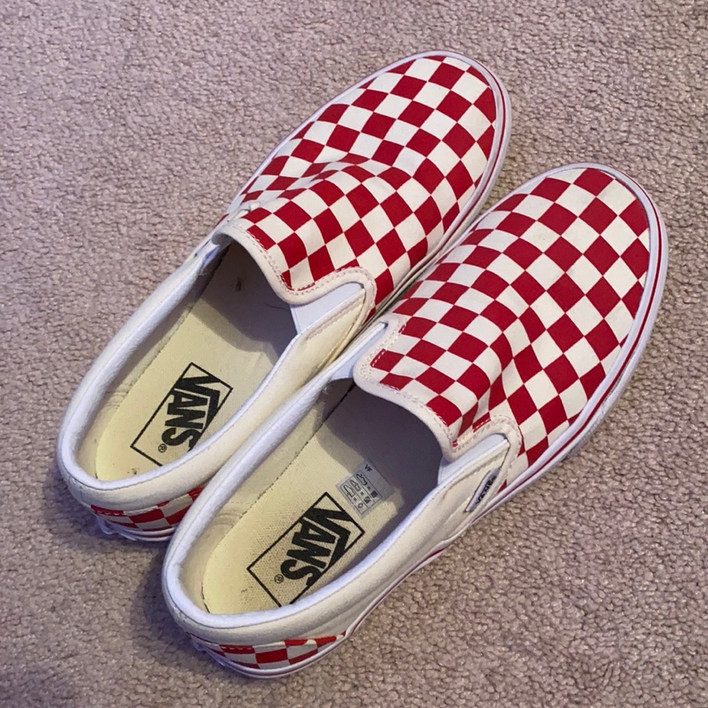 Red checkered slip on vans, size 9.5